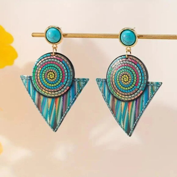 Boho Tribal Resin Dangle Earrings – Bright & Colorful Turquoise Vibes NWOT - Picture 1 of 1